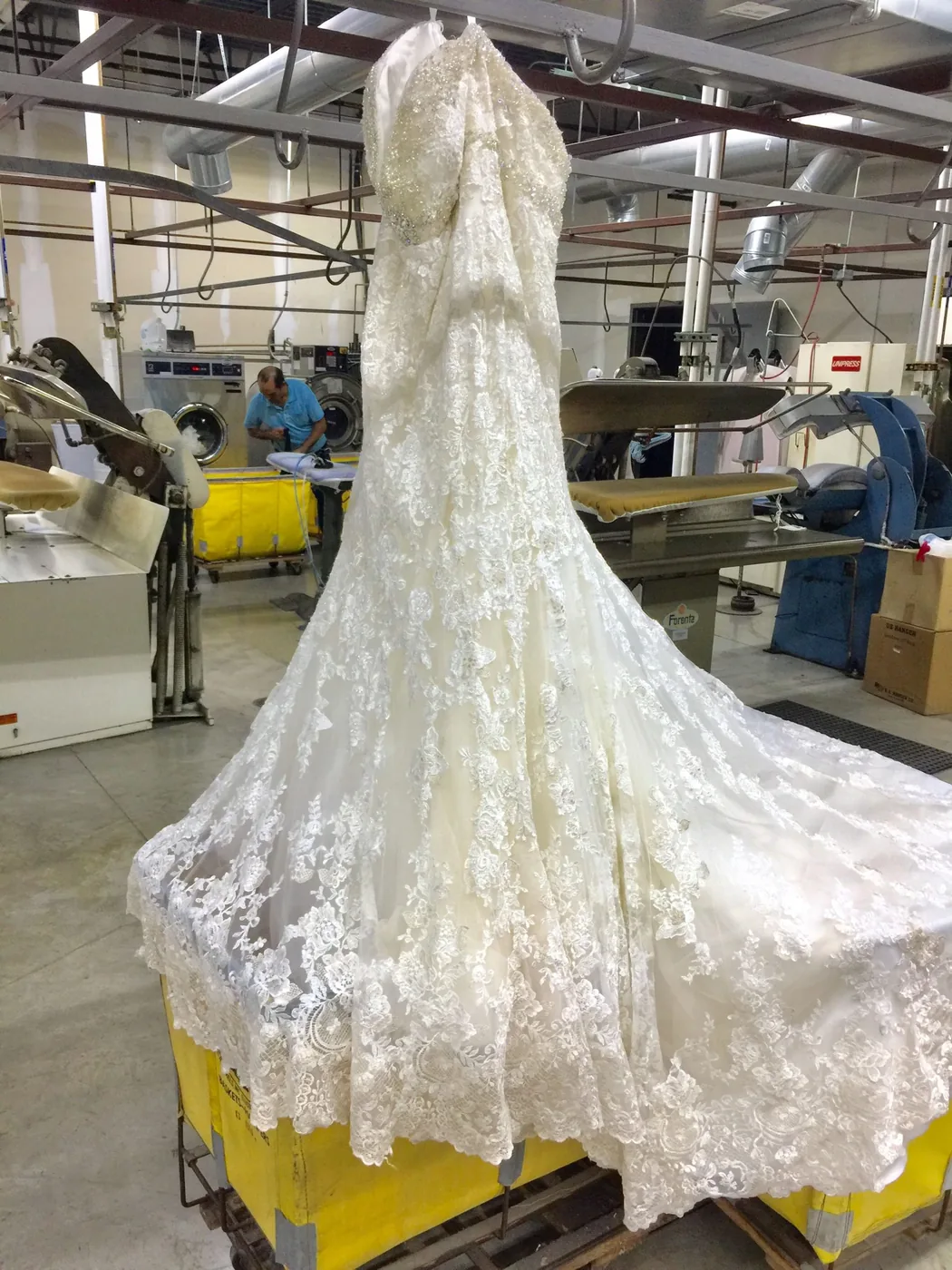 Wedding gown on the plant floor during finishing